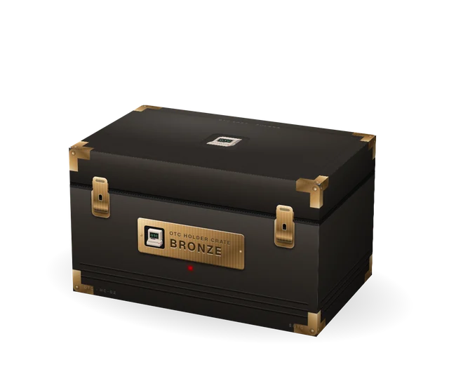 Bronze Crate: a reinforced case with bronze corner guards, keyed latches and security markings.